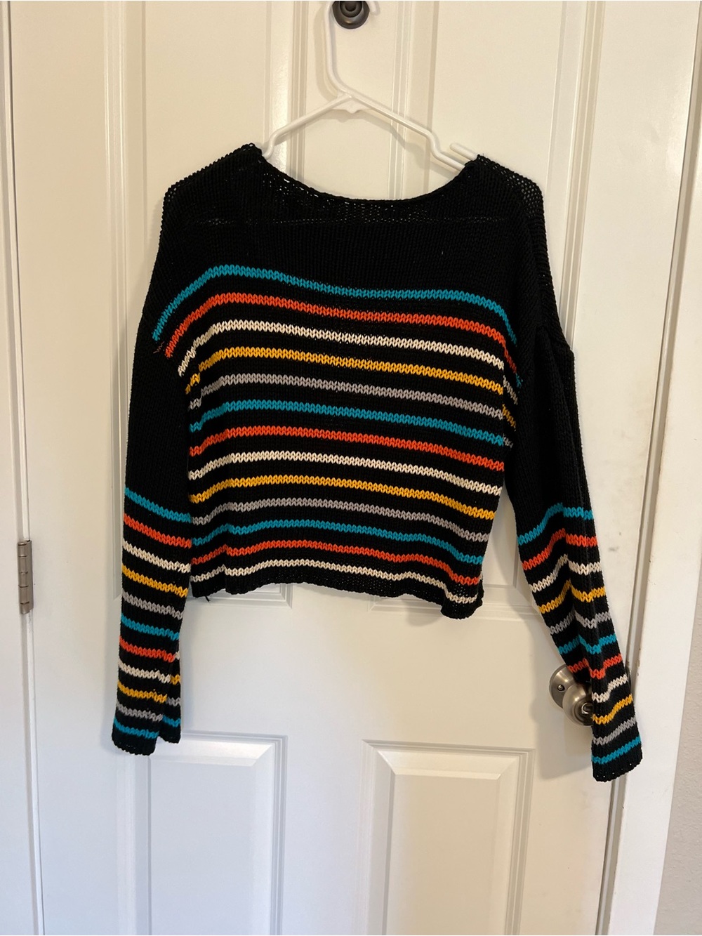 lovestitch Black Striped Cropped Sweater with Teal, Red & Yellow